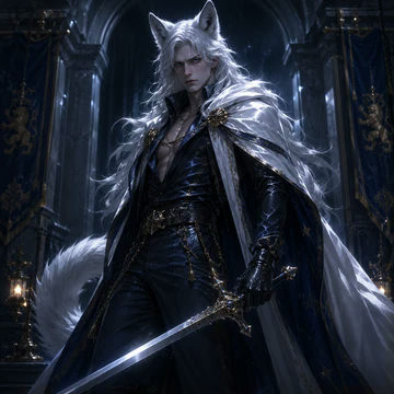 Sylas Silver Fang, a silver-haired royal guard and rare Silver Wolf demi-human.